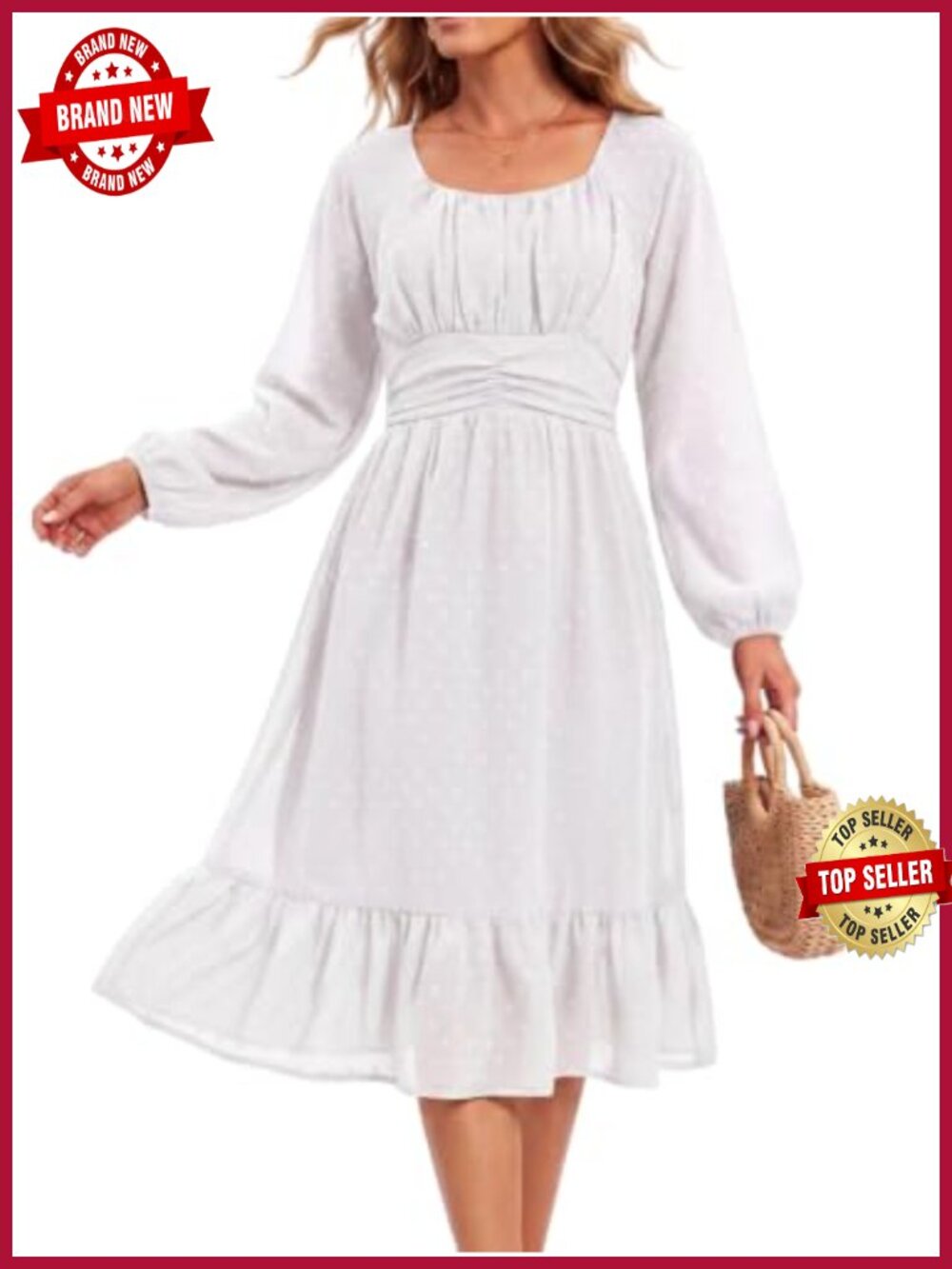 Swiss Dot Square Neck Long Sleeve A-Line Midi Dress with Pockets